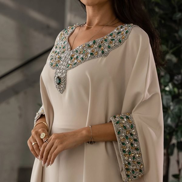 Mira Laurel Green Satin Floral Embroidered Kaftan Dress