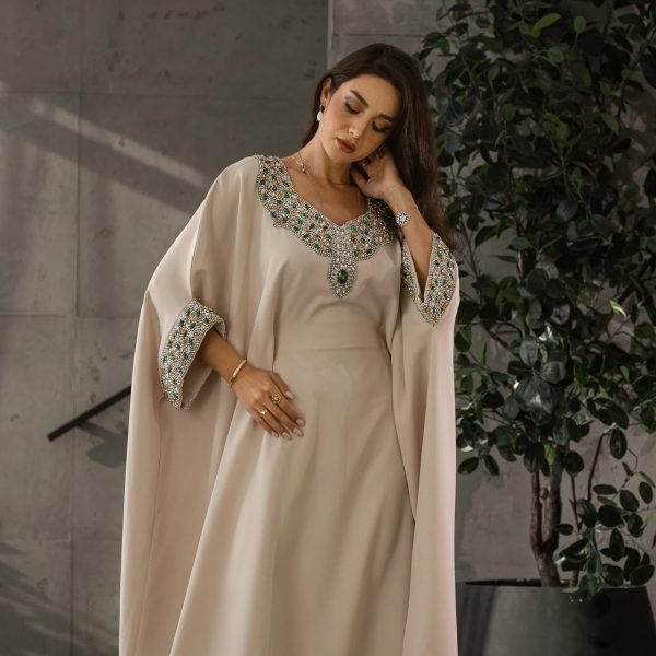 Mira Laurel Green Satin Floral Embroidered Kaftan Dress