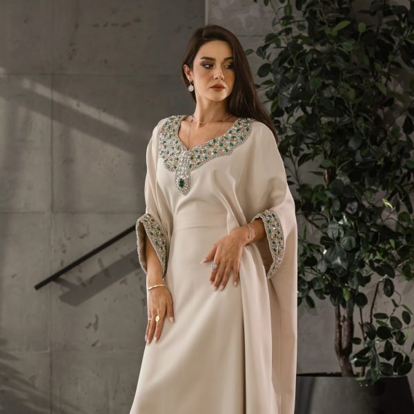 Mira Laurel Green Satin Floral Embroidered Kaftan Dress