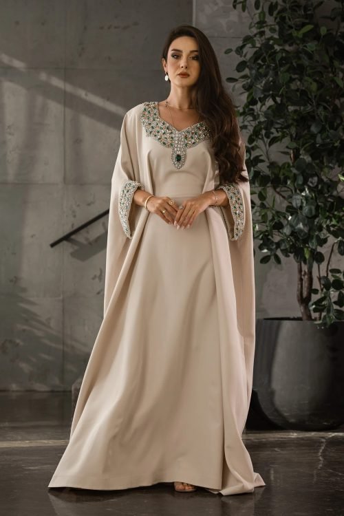 Mira Laurel Green Satin Floral Embroidered Kaftan Dress