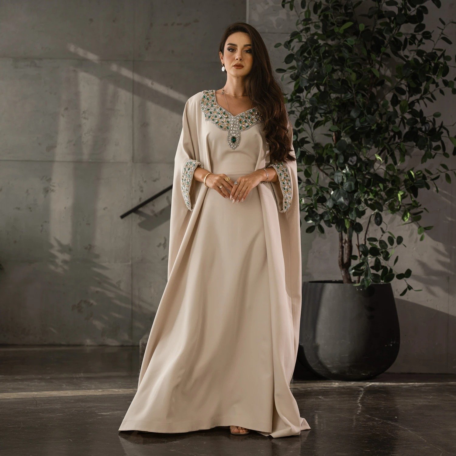 Mahin Embroidered Chiffon Modest Long Maxi Dress - Cafe/Black