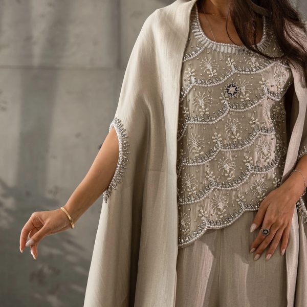 Mahin Embroidered Chiffon Modest Long Maxi Dress - Cafe/Black