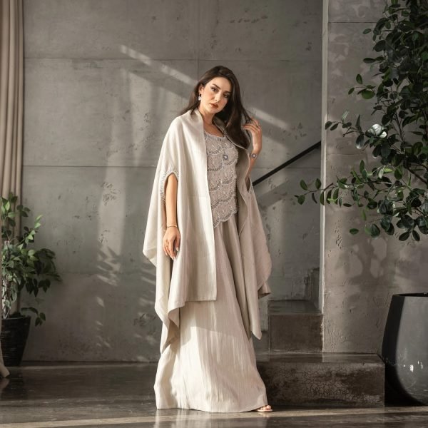 Mahin Embroidered Chiffon Modest Long Maxi Dress - Cafe/Black