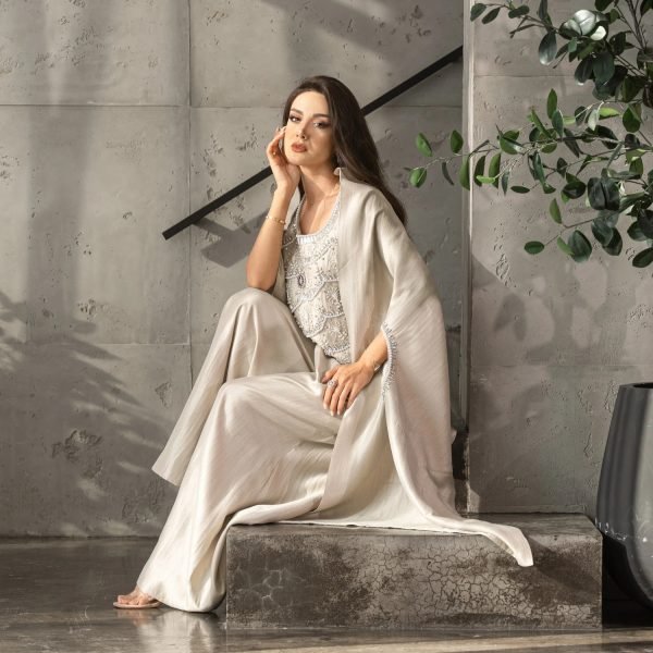 Mahin Embroidered Chiffon Modest Long Maxi Dress - Cafe/Black