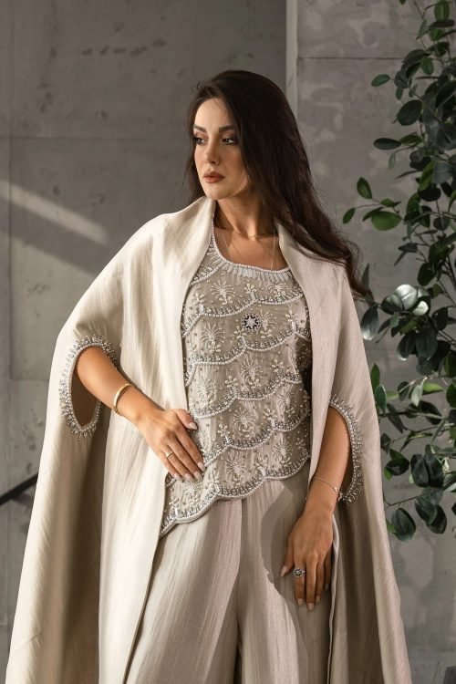 Mahin Embroidered Chiffon Modest Long Maxi Dress - Cafe/Black