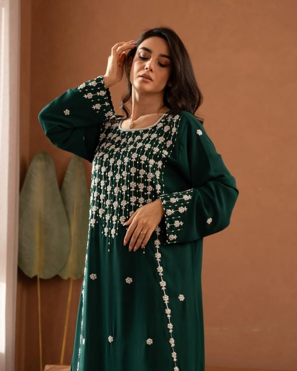 Mahin Embroidered Chiffon Modest Long Maxi Dress - Pearl/Black
