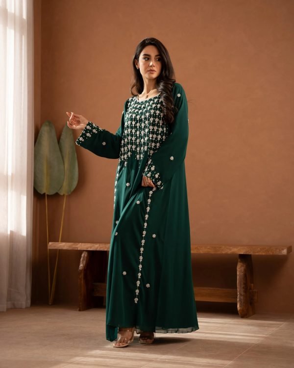 Mahin Embroidered Chiffon Modest Long Maxi Dress - Pearl/Black