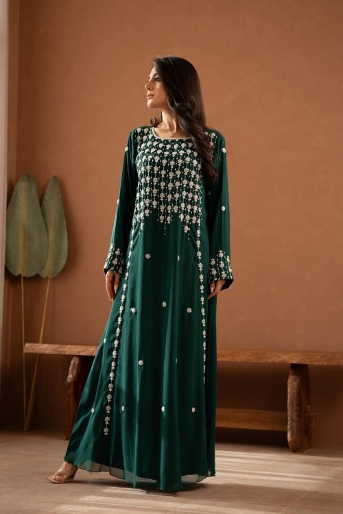 Mahin Embroidered Chiffon Modest Long Maxi Dress - Pearl/Black