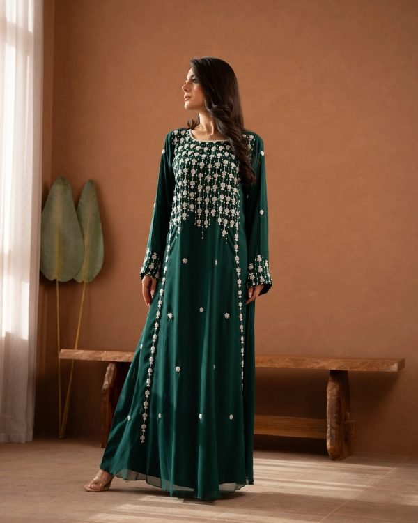 Mahin Embroidered Chiffon Modest Long Maxi Dress - Pearl/Black